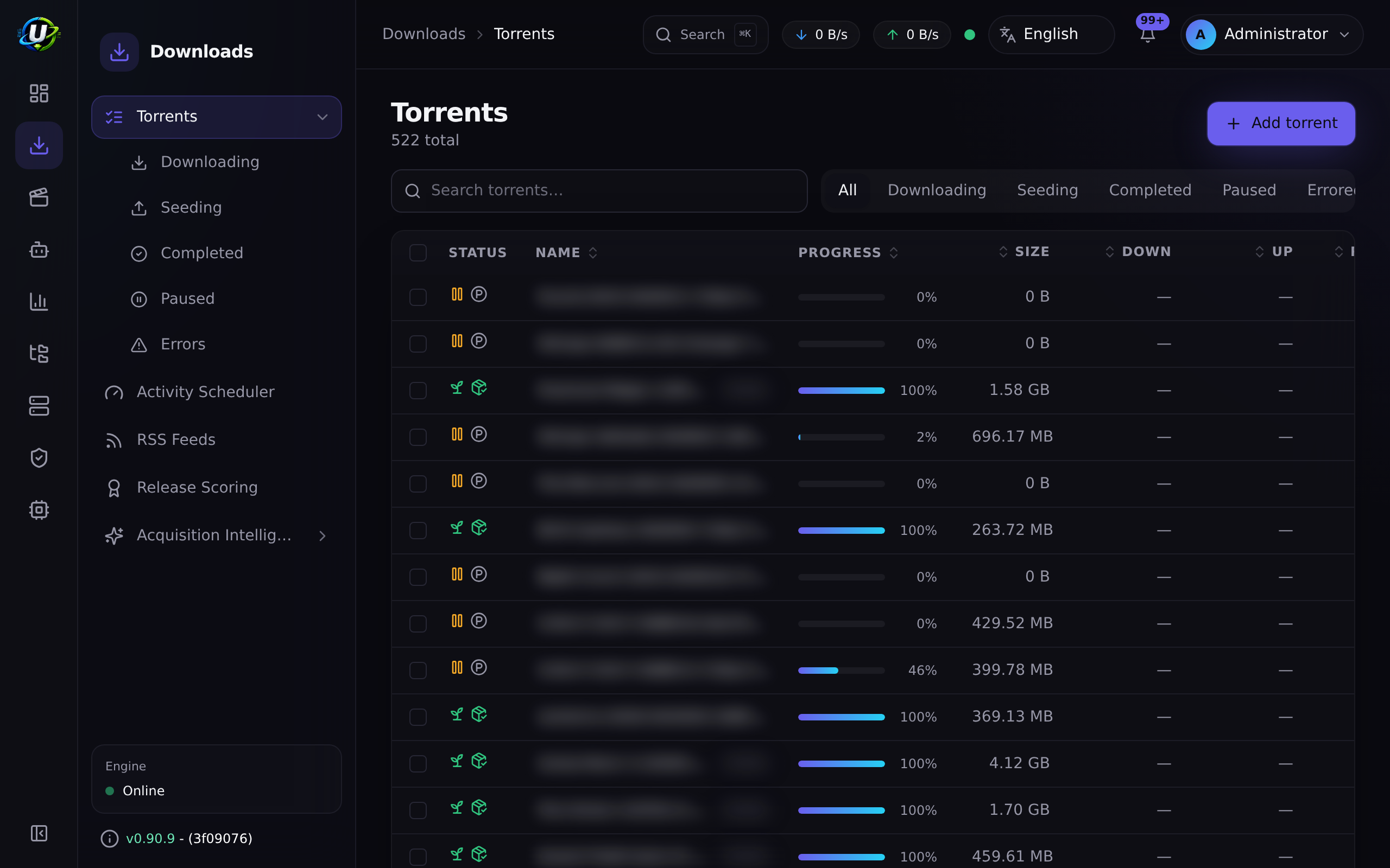 Torrents page filtered to Seeding, showing a completed torrent