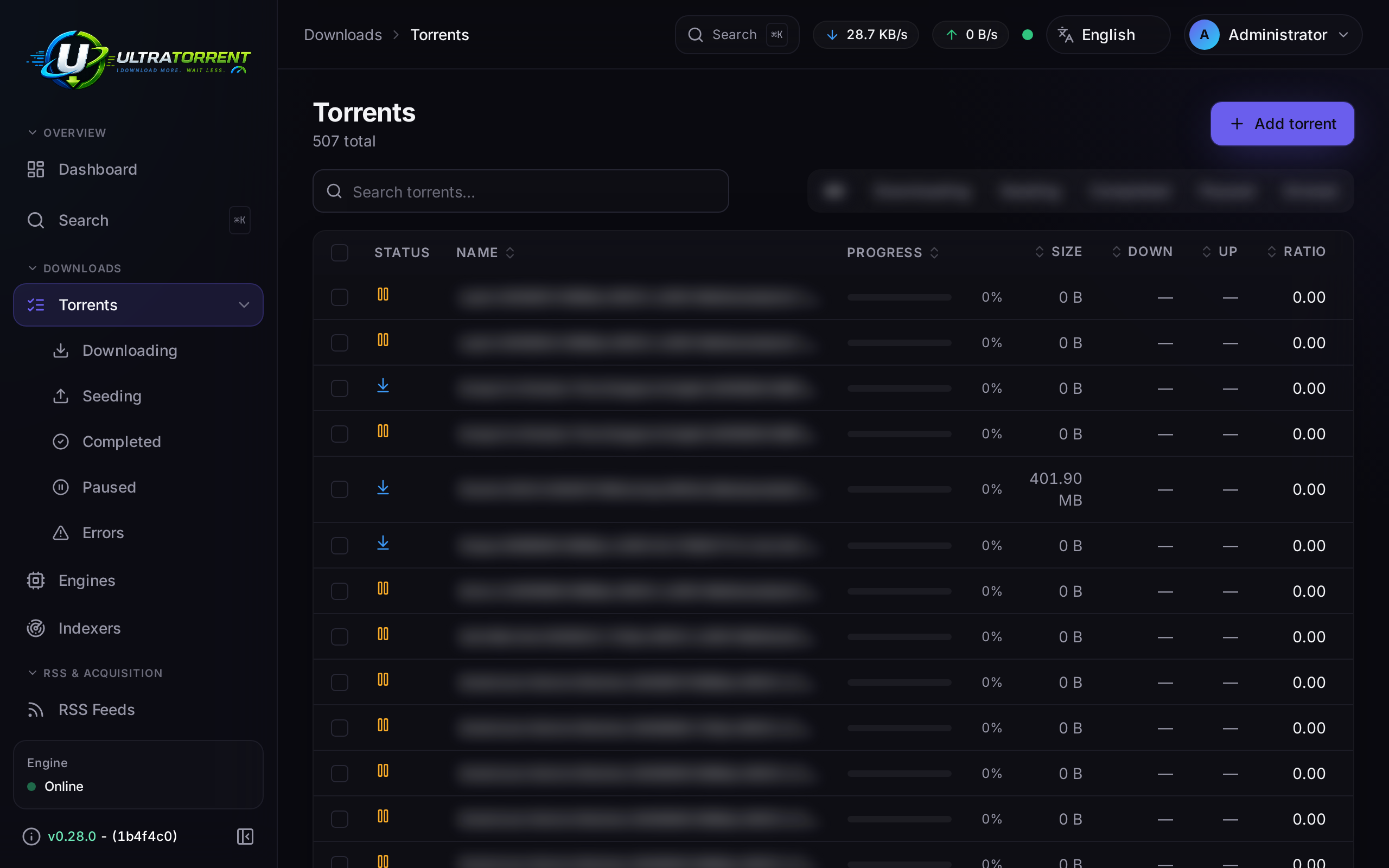 Torrents page showing a completed, seeding torrent