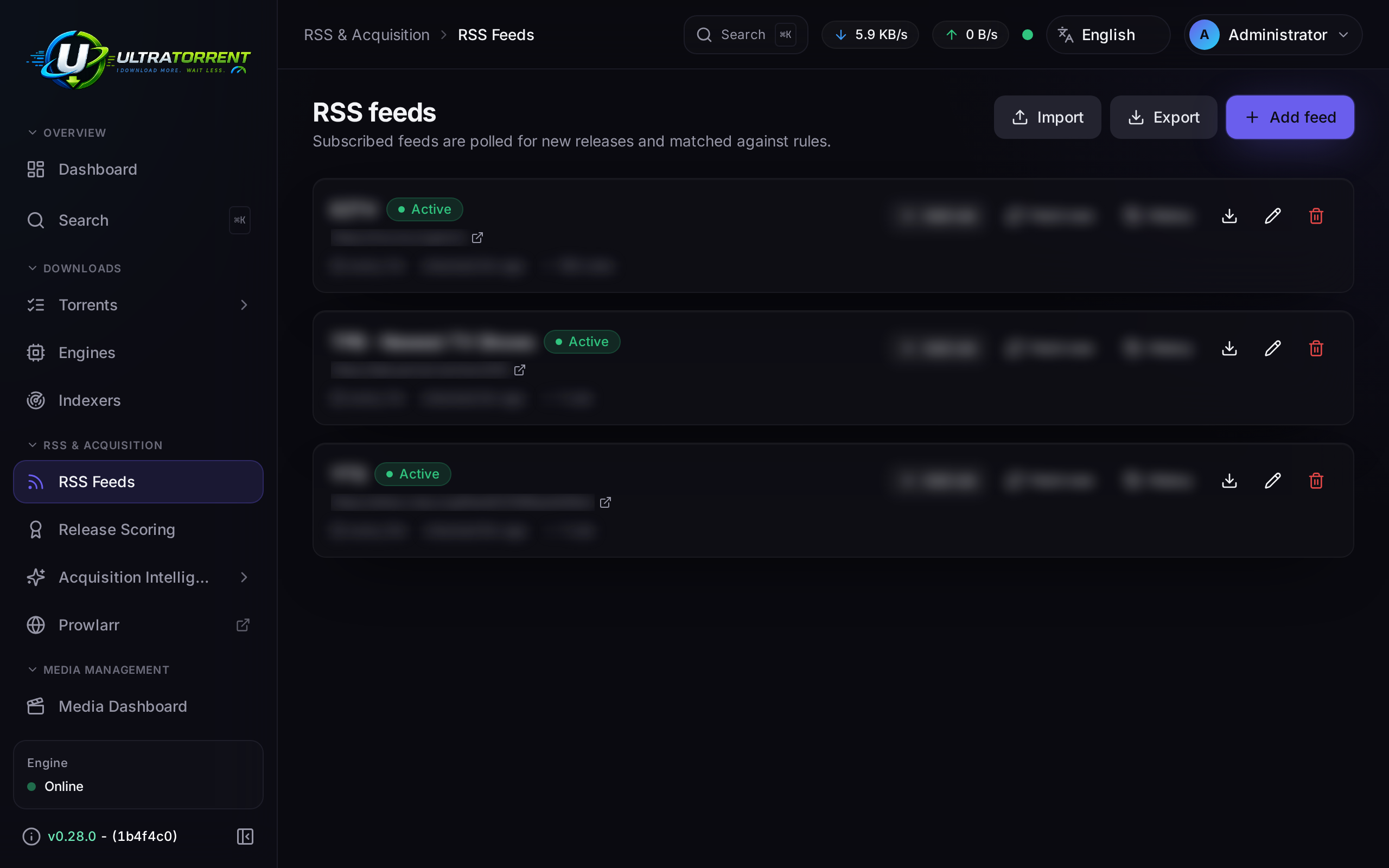 RSS feeds page with feeds and rules
