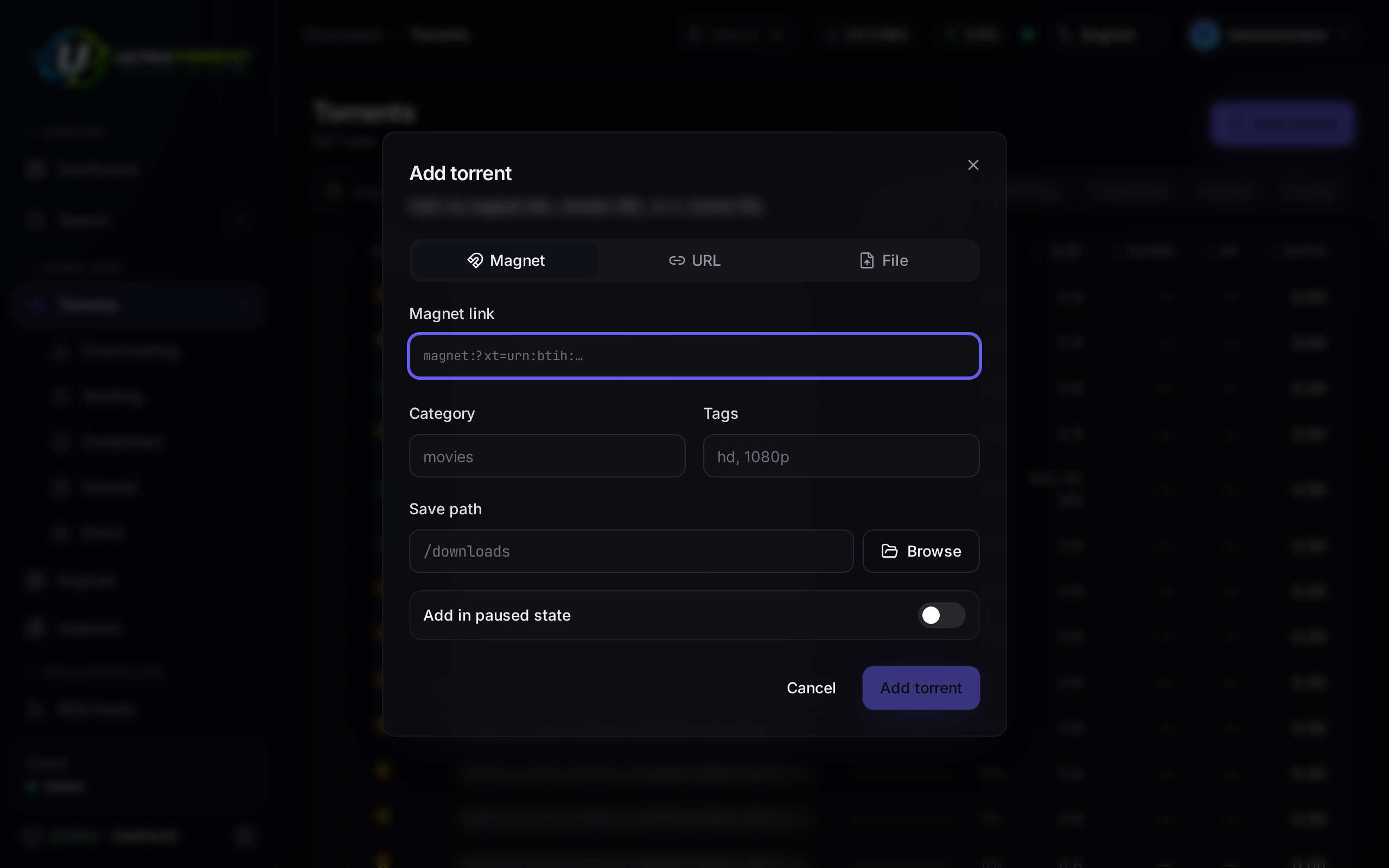 Add torrent dialog