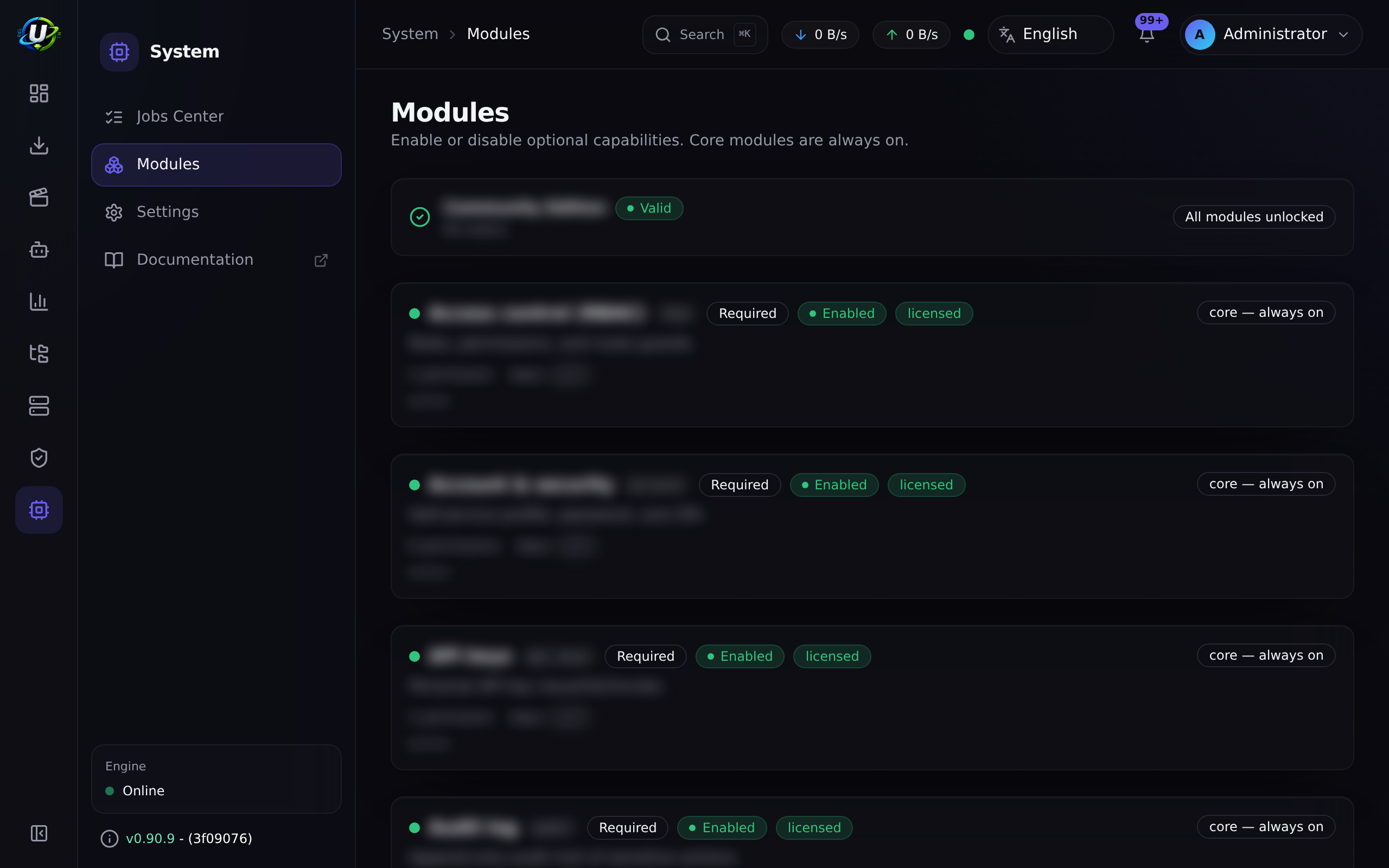Página de Módulos mostrando los tiers y estados de los módulos