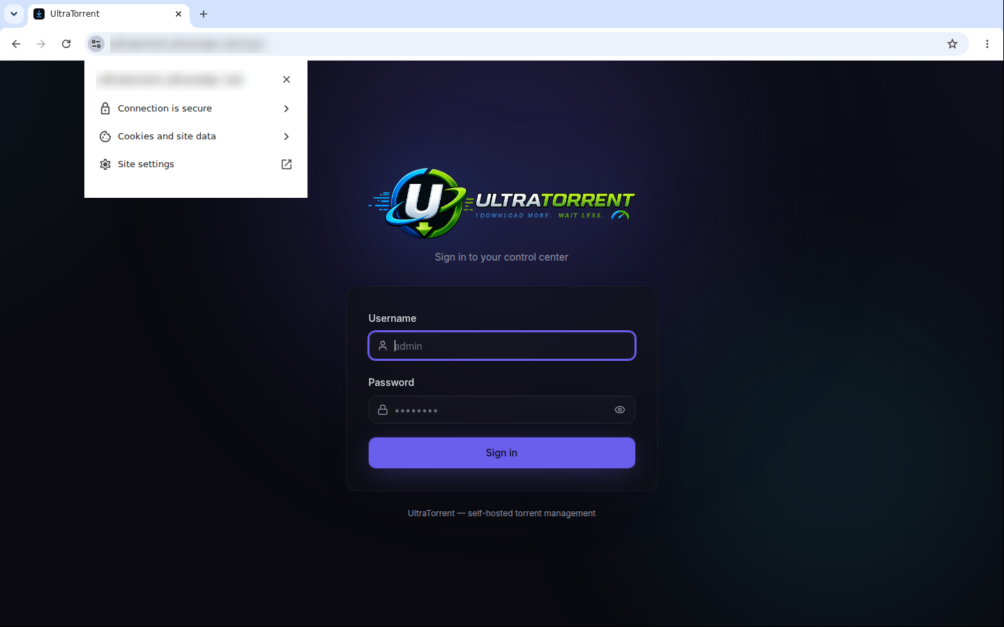 Ventana emergente de información del sitio de Chrome en la UI de UltraTorrent, mostrando "La conexión es segura"